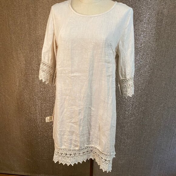 Stella Rosa Pure Linen Ecru Shift Dress w/Lace Edged Sleeves & Hem sz: XS-M - Picture 9 of 10